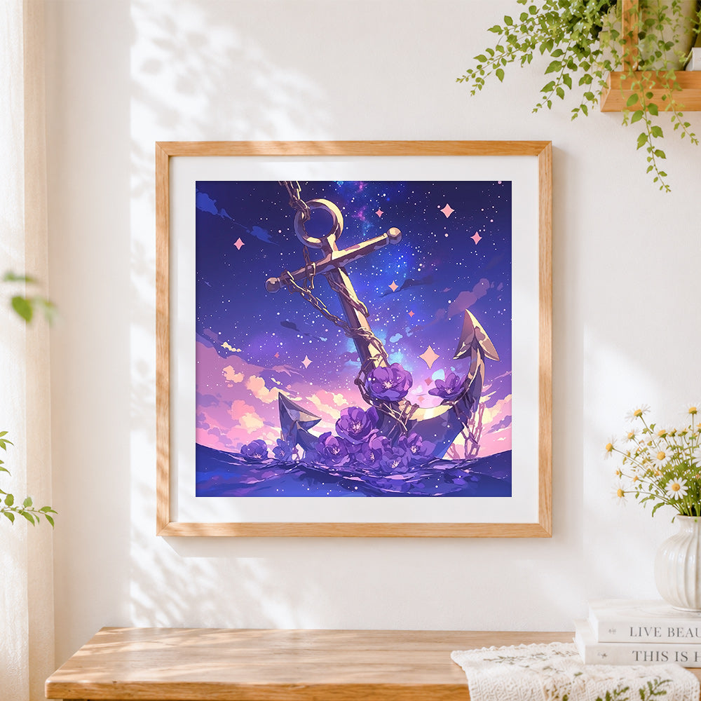 Finished surreal anchor with purple flowers cross stitch artwork displayed