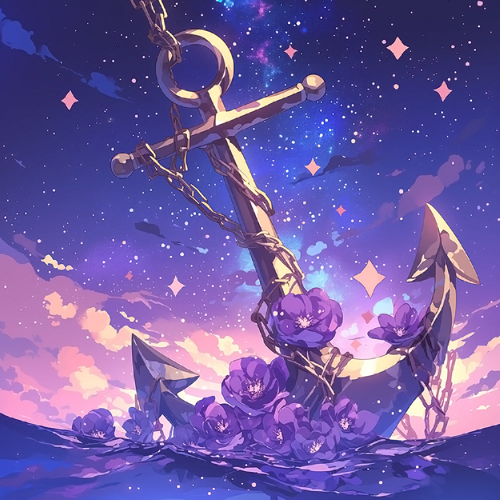 Surreal anchor with purple flowers cross stitch kit for beginners