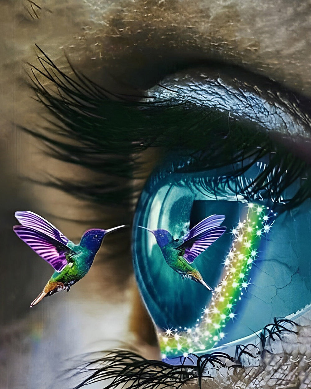 Surreal blue eye and a hummingbird cross stitch kit for beginners