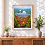 Finished surreal circular bookshelf pool cross stitch artwork displayed