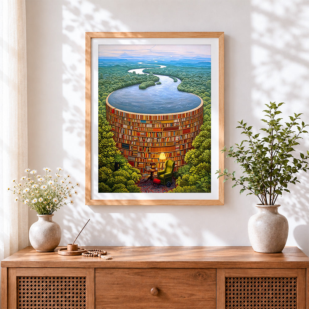 Finished surreal circular bookshelf pool cross stitch artwork displayed