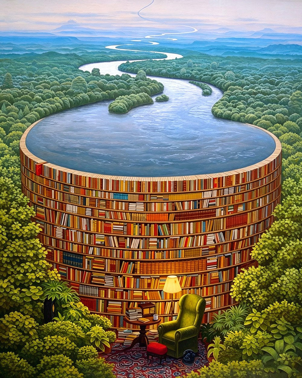Surreal circular bookshelf pool cross stitch kit for beginners