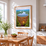 Surreal circular bookshelf pool cross stitch artwork displayed on wall as home decor