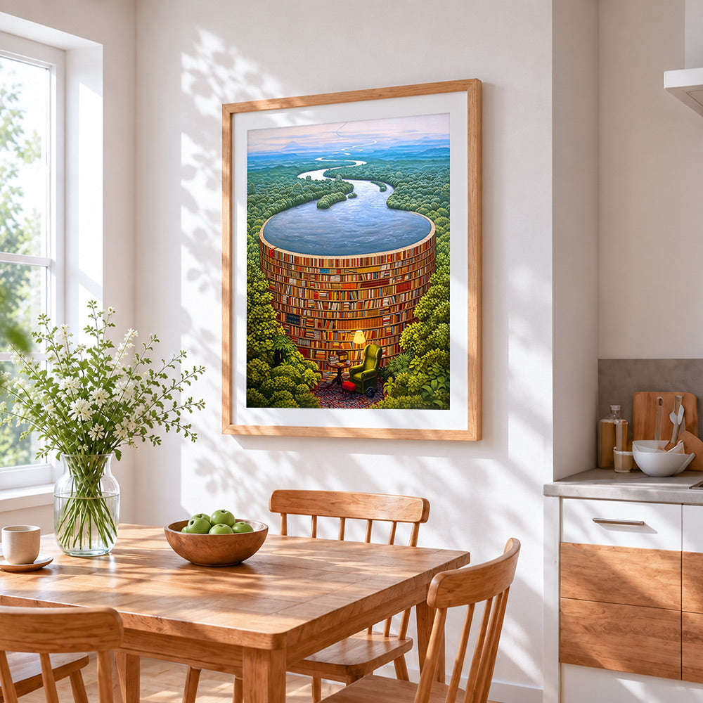 Surreal circular bookshelf pool cross stitch artwork displayed on wall as home decor