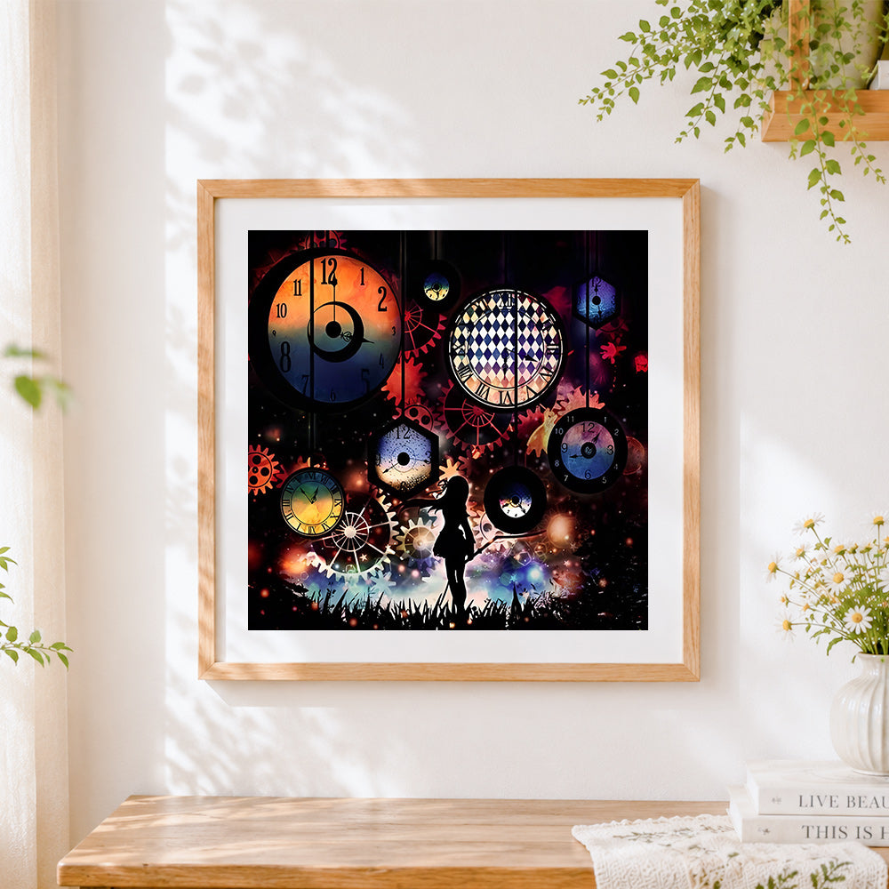 Finished surreal clocks and fantastical gears cross stitch artwork displayed