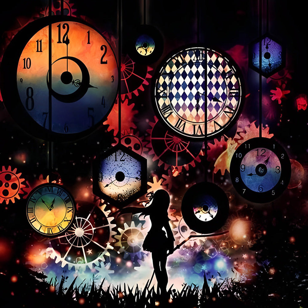 Surreal clocks and fantastical gears cross stitch kit for beginners