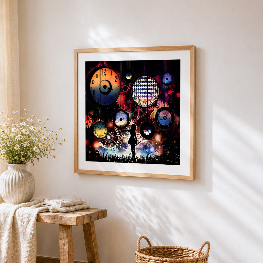 Surreal clocks and fantastical gears cross stitch artwork displayed on wall as home decor