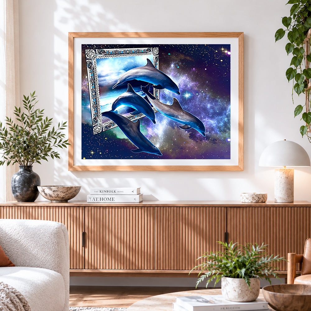 Finished surreal dolphins in cosmic frame cross stitch artwork displayed