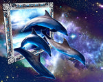 Surreal dolphins in cosmic frame cross stitch kit for beginners