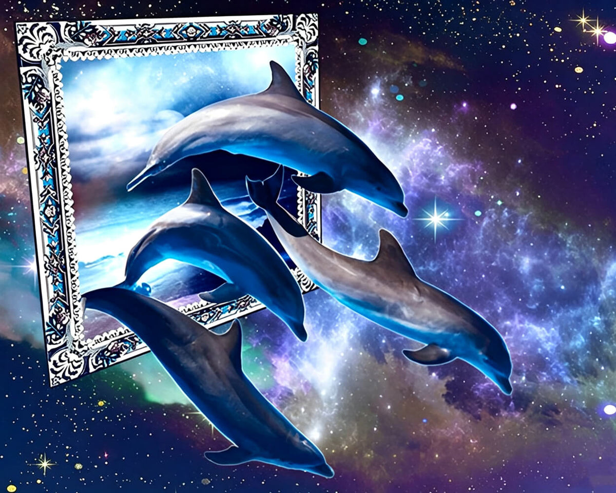 Surreal dolphins in cosmic frame cross stitch kit for beginners