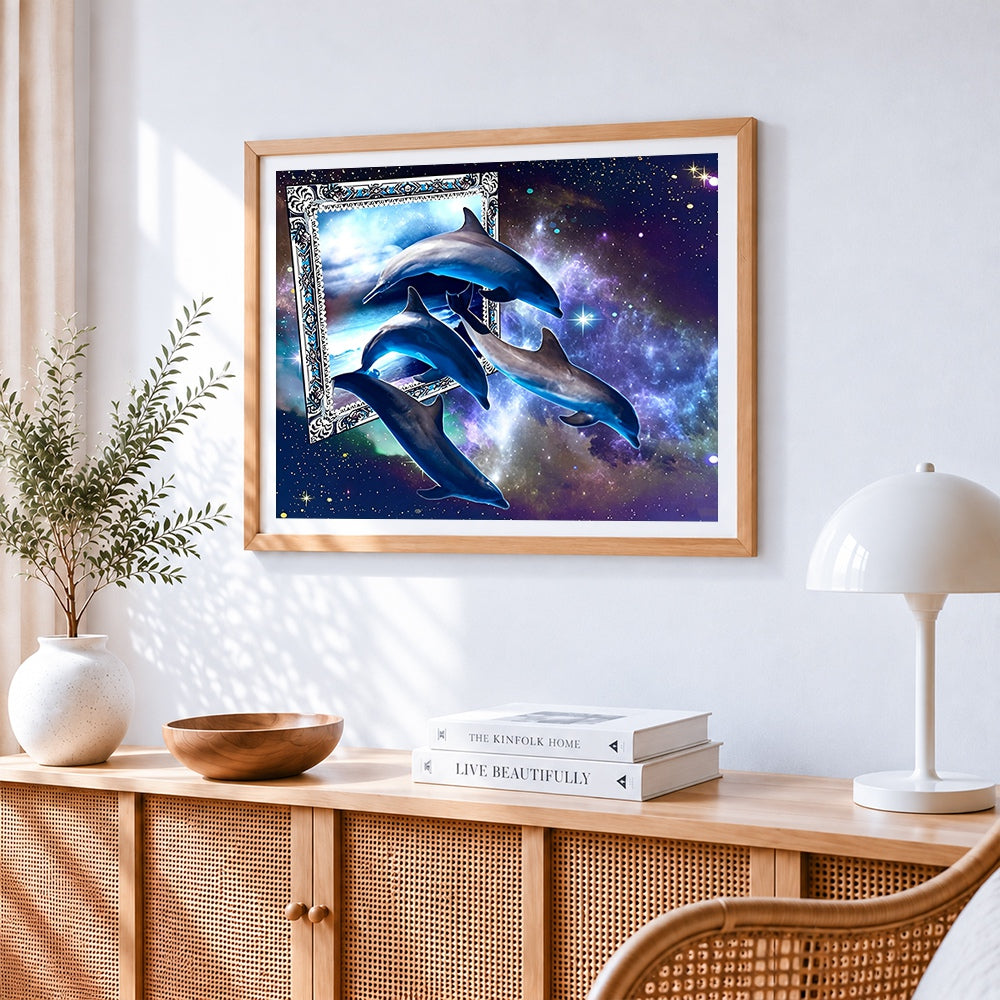 Surreal dolphins in cosmic frame cross stitch artwork displayed on wall as home decor