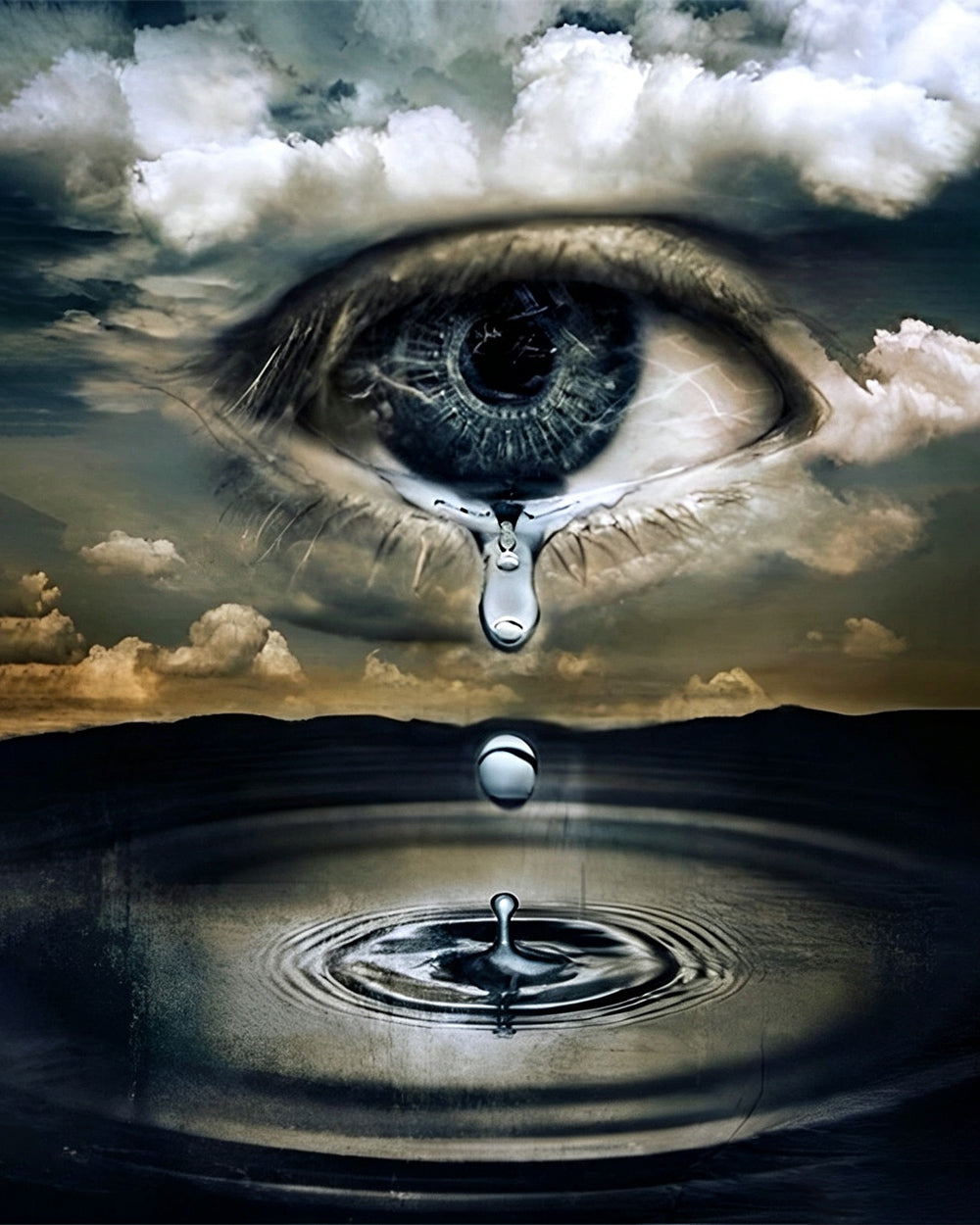 Surreal eye in clouds with tear cross stitch kit for beginners