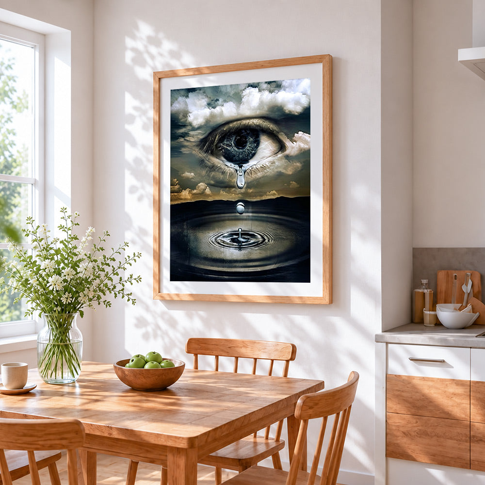 Surreal eye in clouds with tear cross stitch artwork displayed on wall as home decor