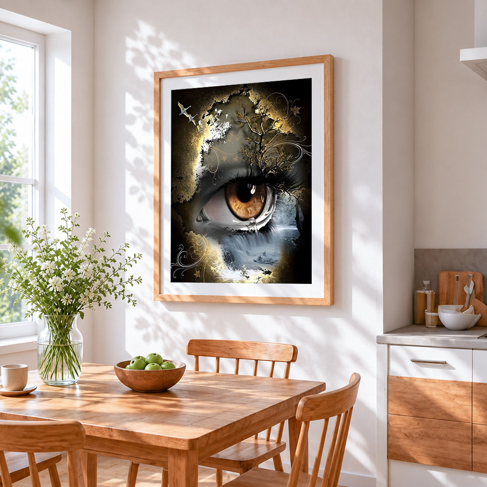 Surreal eye of nature cross stitch artwork displayed on wall as home decor