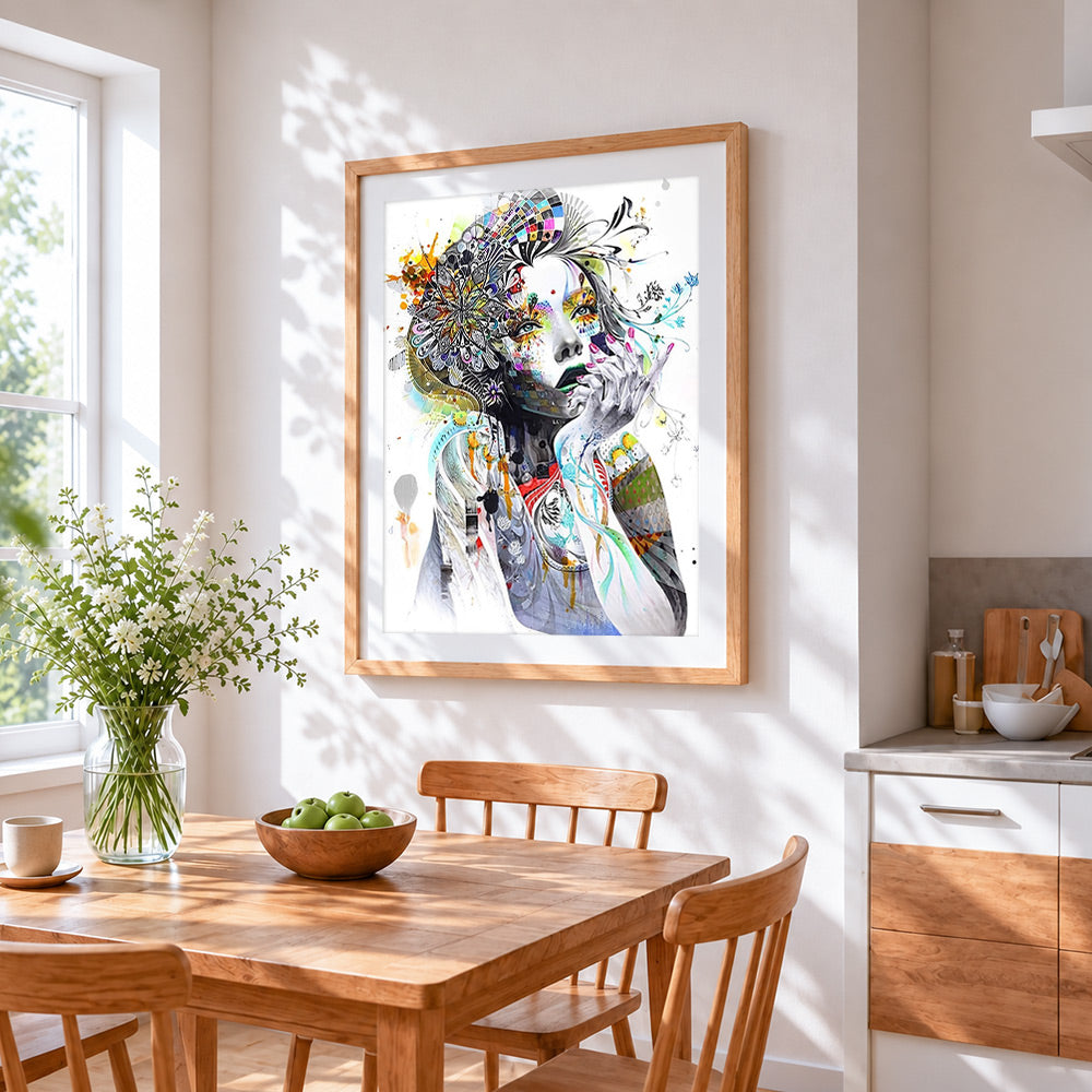 Surreal female portrait cross stitch artwork displayed on wall as home decor