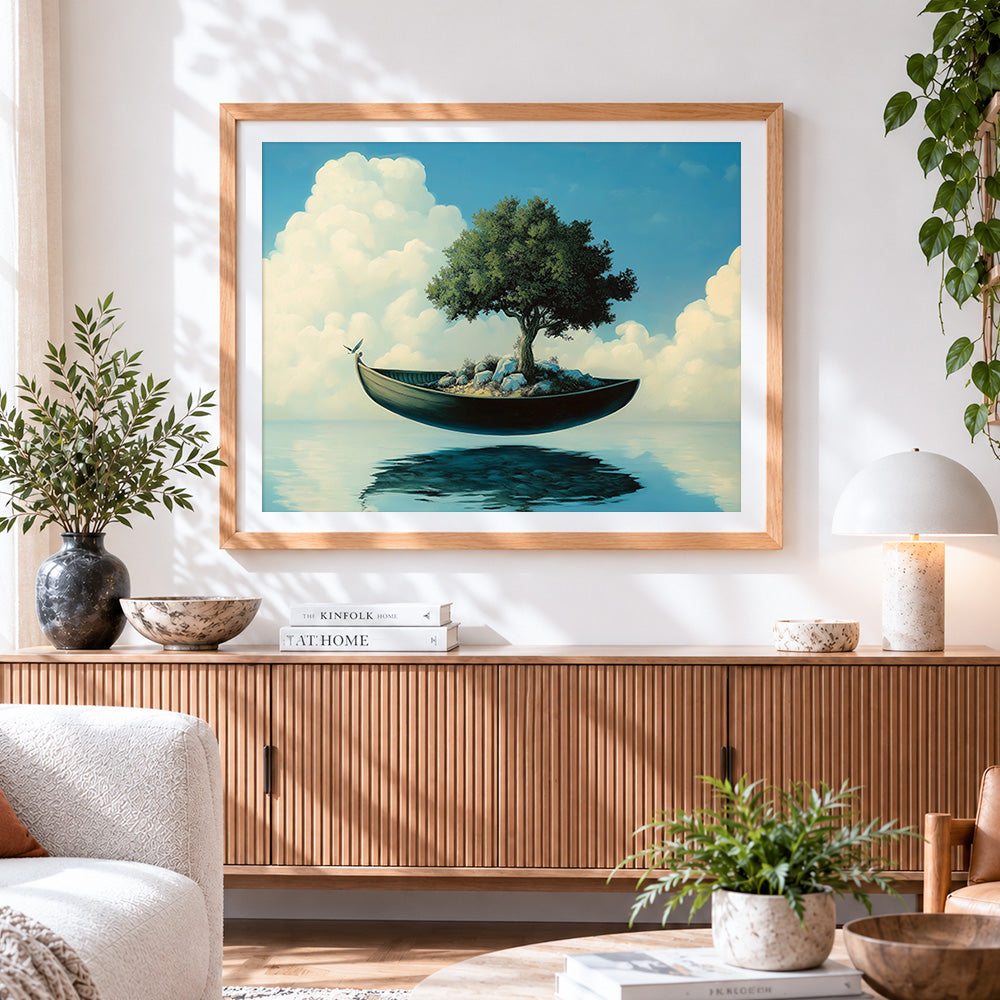 Finished surreal floating boat and tree cross stitch artwork displayed