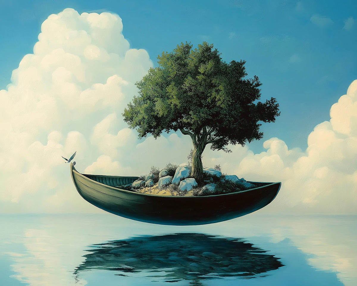 Surreal floating boat and tree paint by numbers kit for beginners