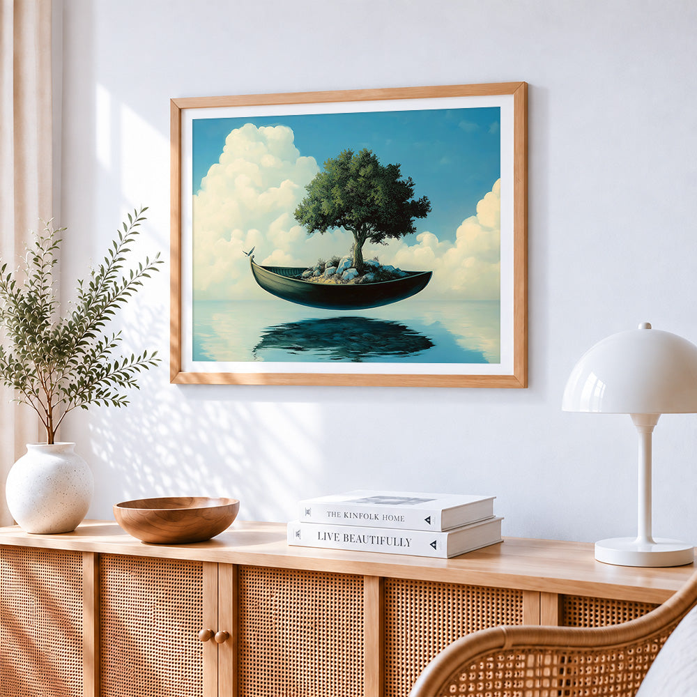 Surreal floating boat and tree paint by numbers artwork displayed on wall as home decor