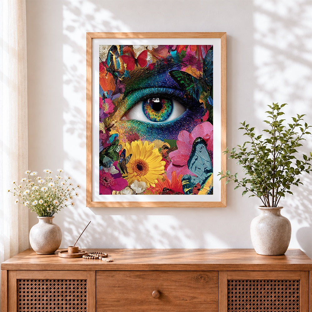Finished surreal floral eye with butterflies cross stitch artwork displayed