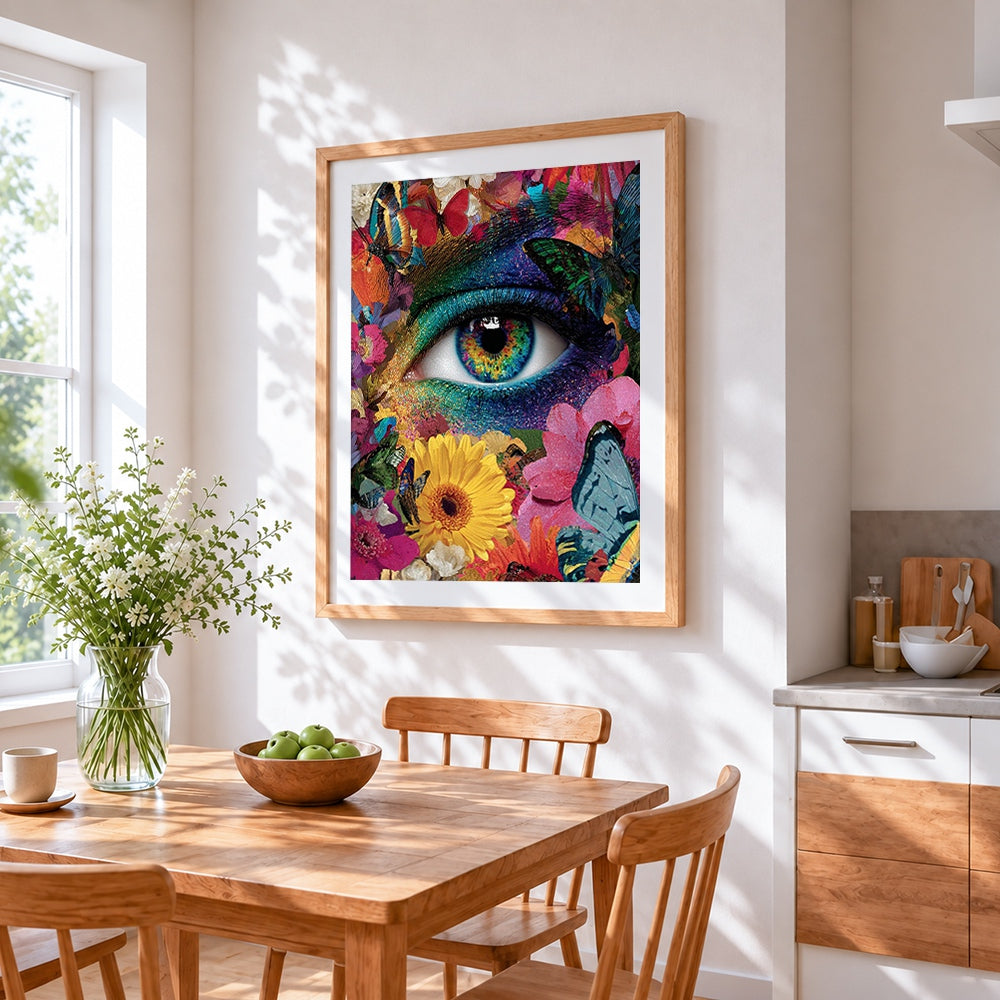 Surreal floral eye with butterflies cross stitch artwork displayed on wall as home decor