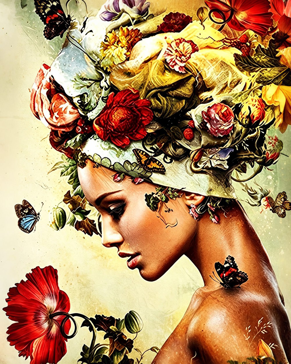 Surreal floral woman portrait cross stitch kit for beginners
