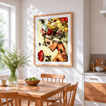 Surreal floral woman portrait cross stitch artwork displayed on wall as home decor
