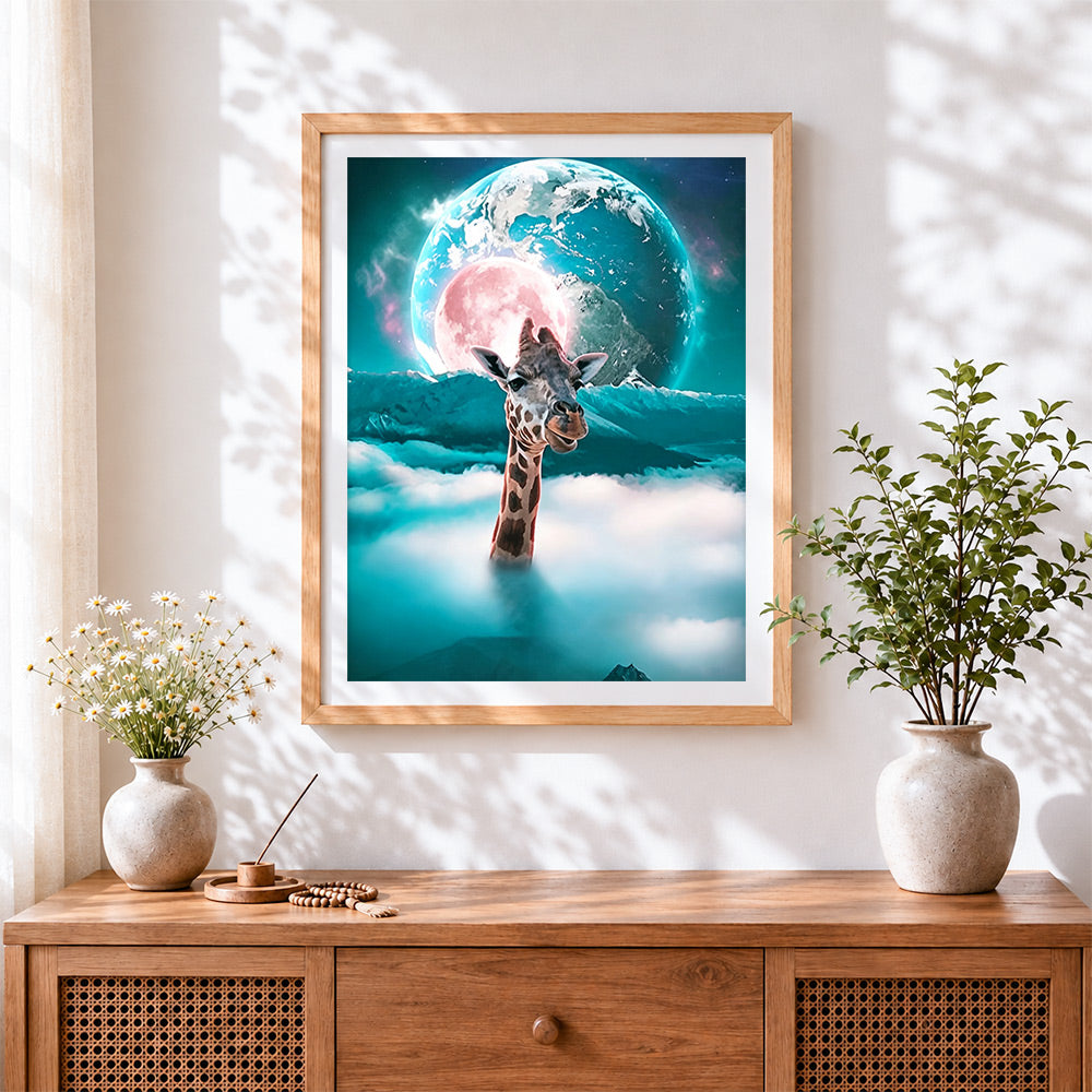 Finished surreal giraffe above the clouds cross stitch artwork displayed