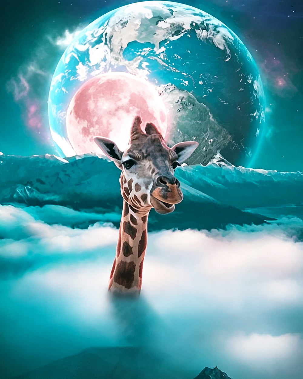 Surreal giraffe above the clouds cross stitch kit for beginners
