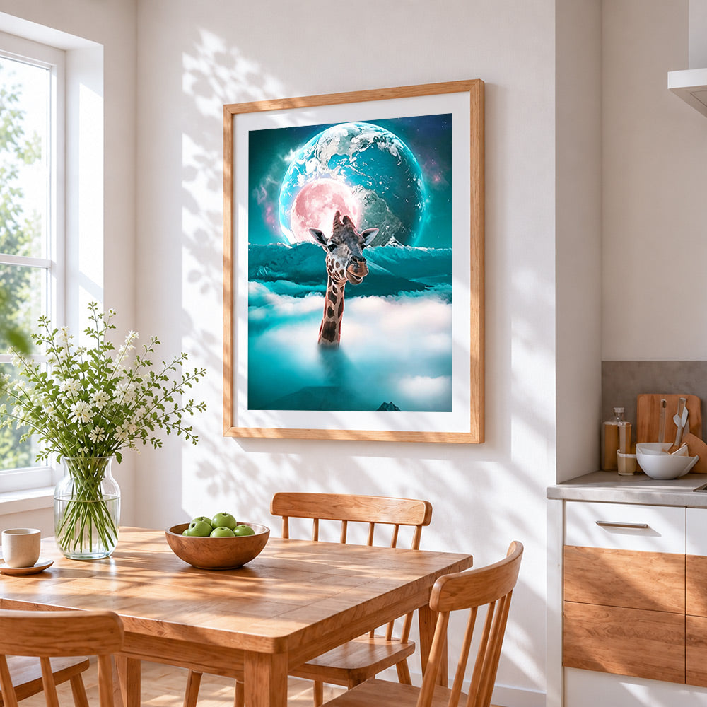 Surreal giraffe above the clouds cross stitch artwork displayed on wall as home decor
