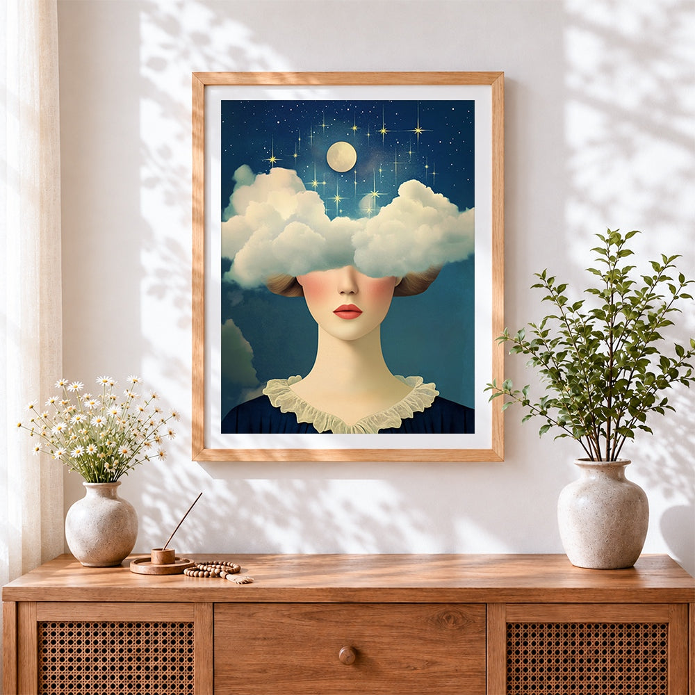 Finished surreal girl with cloud eyes cross stitch artwork displayed
