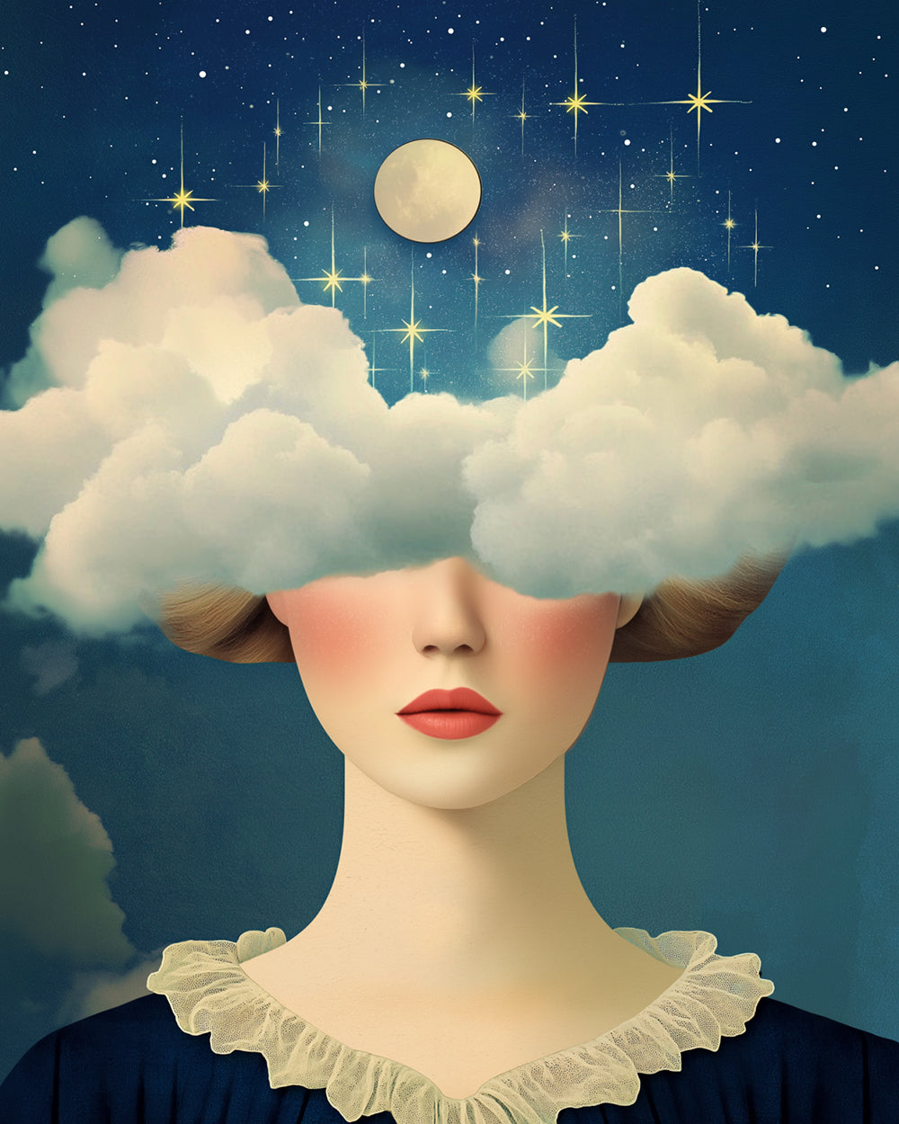 Surreal girl with cloud eyes cross stitch kit for beginners