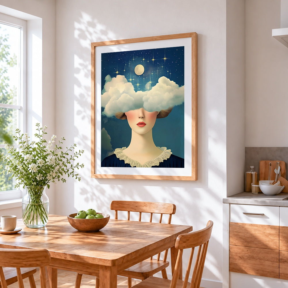 Surreal girl with cloud eyes cross stitch artwork displayed on wall as home decor