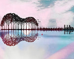 Surreal guitar shaped trees and city reflection cross stitch kit for beginners