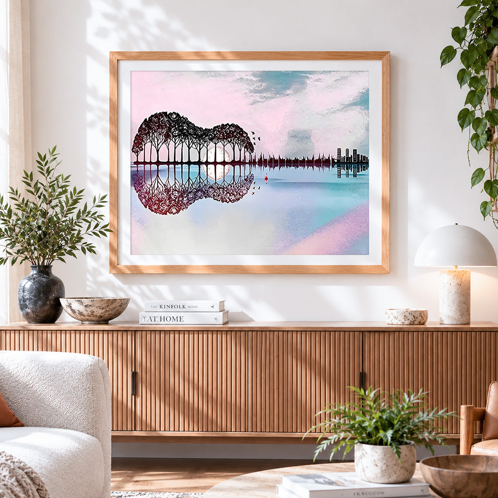 Finished surreal guitar shaped trees and city reflection paint by numbers artwork displayed as home decor