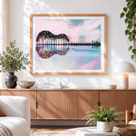 Finished surreal guitar shaped trees and city reflection paint by numbers artwork displayed as home decor