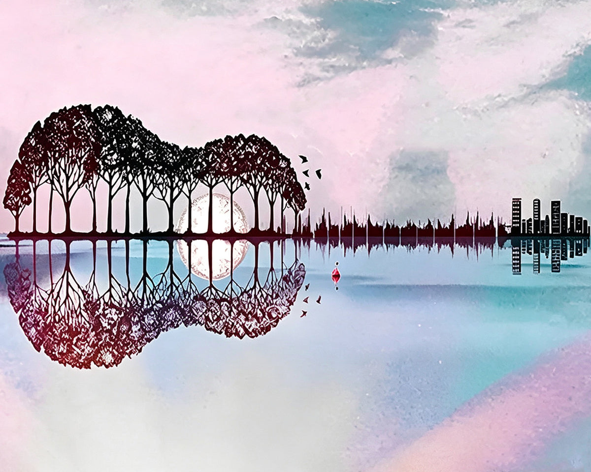 Surreal guitar shaped trees and city reflection paint by numbers kit for beginners