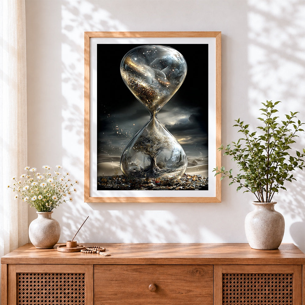 Finished surreal hourglass with tree and galaxy cross stitch artwork displayed