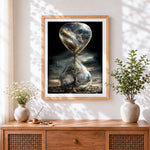 Finished surreal hourglass with tree and galaxy cross stitch artwork displayed