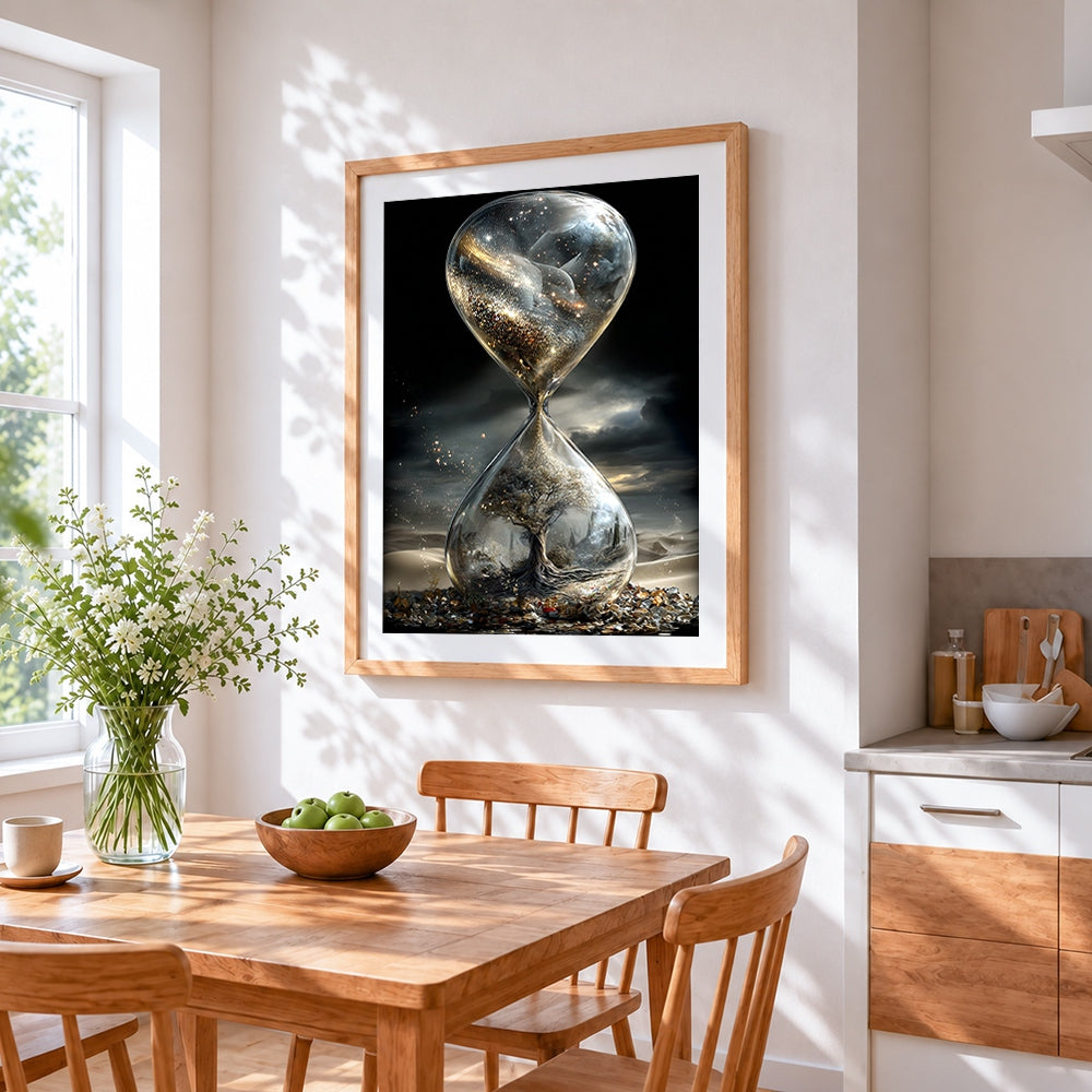 Surreal hourglass with tree and galaxy cross stitch artwork displayed on wall as home decor