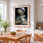 Surreal hourglass with tree and galaxy cross stitch artwork displayed on wall as home decor