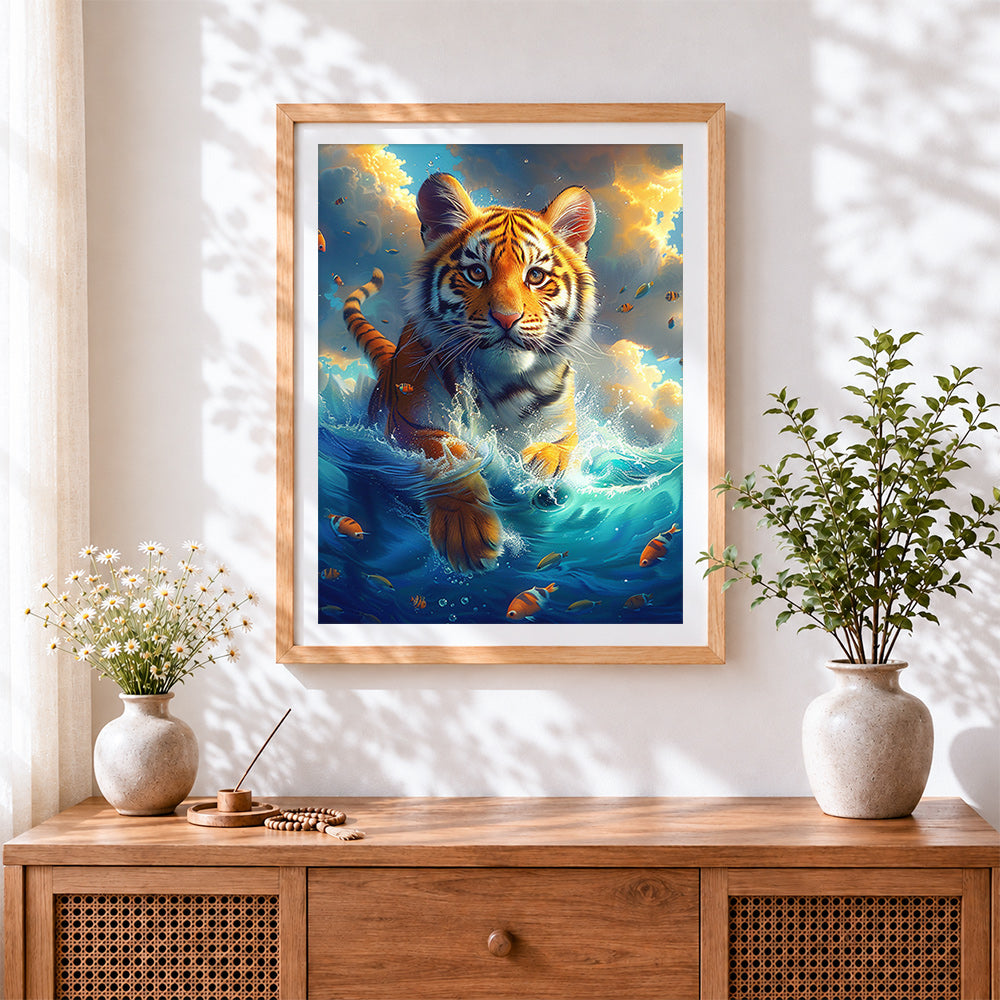 Finished surreal swimming tiger and fish cross stitch artwork displayed