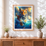 Finished surreal swimming tiger and fish cross stitch artwork displayed