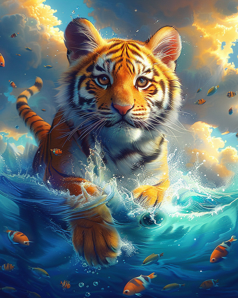 Surreal swimming tiger and fish cross stitch kit for beginners