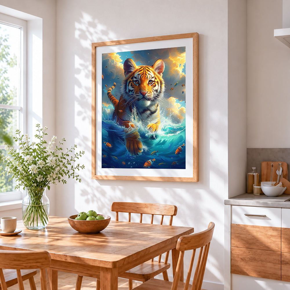 Surreal swimming tiger and fish cross stitch artwork displayed on wall as home decor