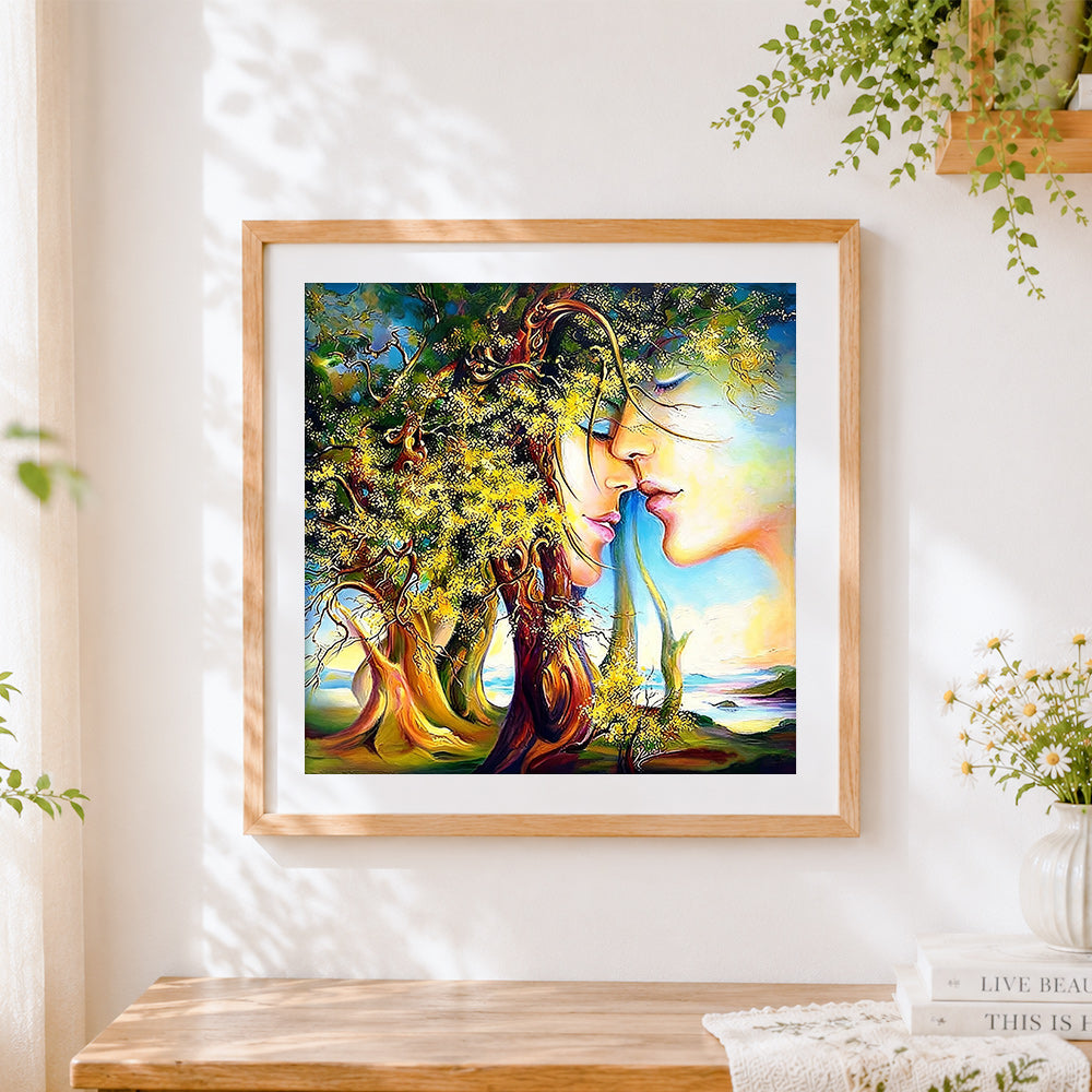 Finished Surreal tree and faces fusion cross stitch artwork displayed