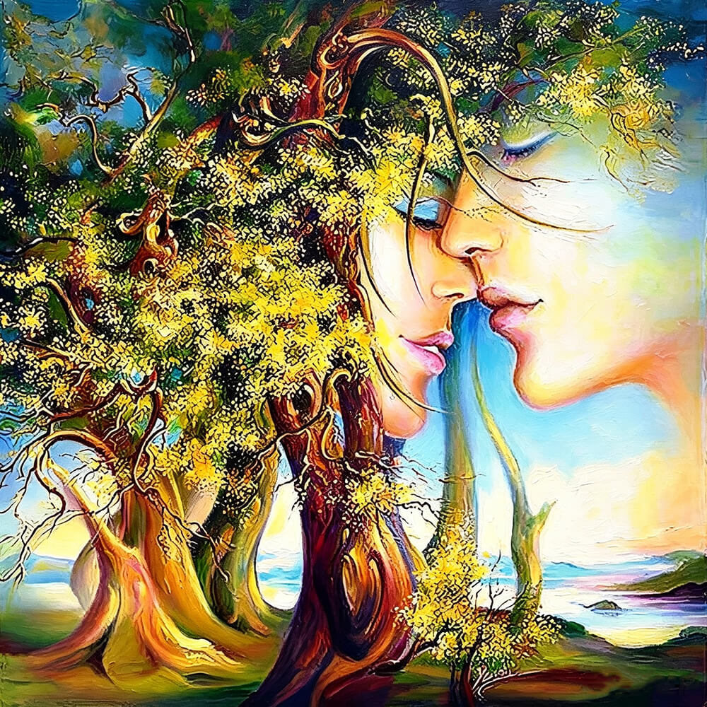 Surreal tree and faces fusion cross stitch kit for beginners