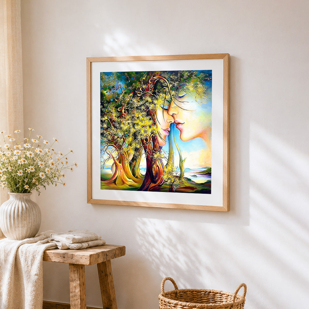 Surreal tree and faces fusion cross stitch artwork displayed on wall as home decor