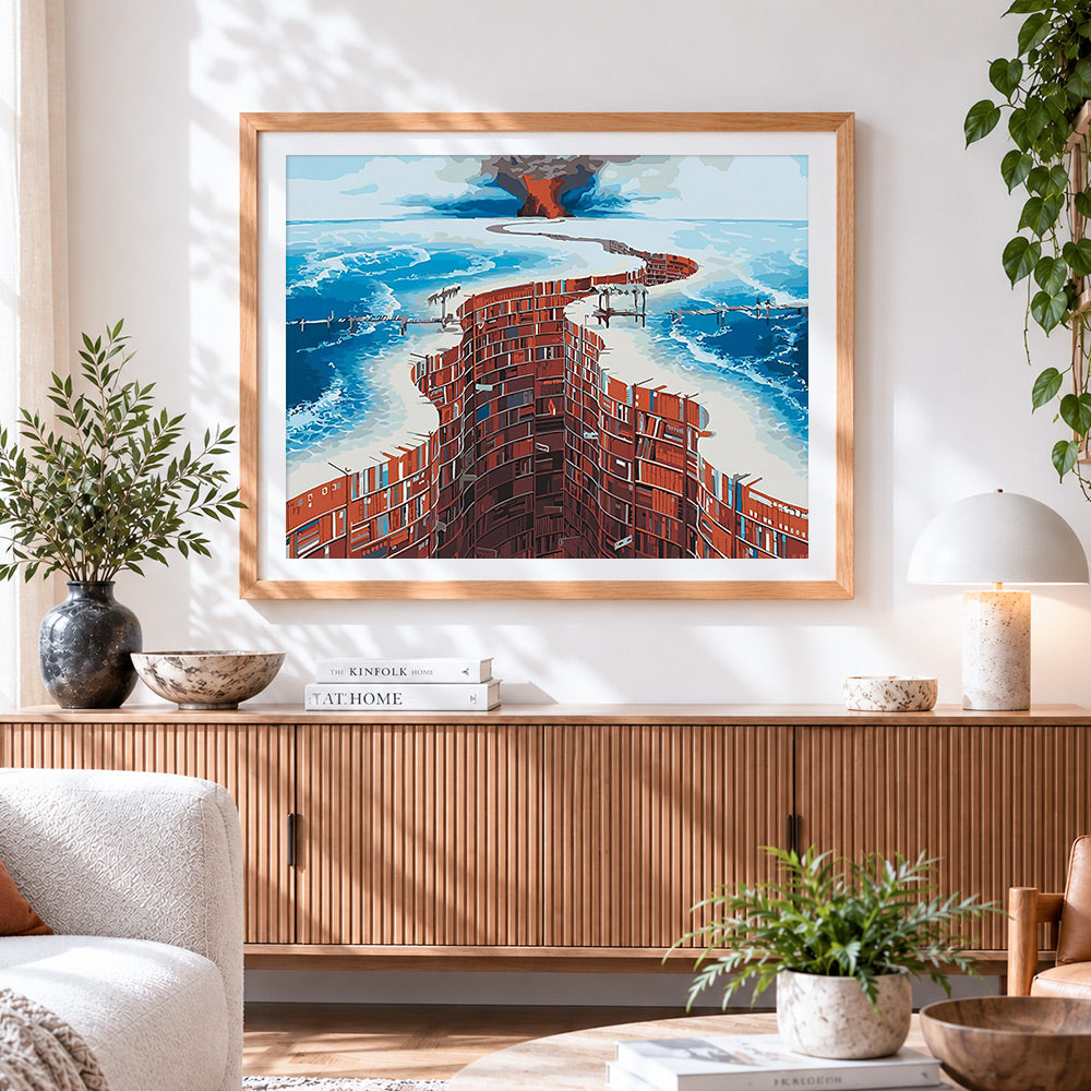 Finished surreal twisted red architecture cross stitch artwork displayed
