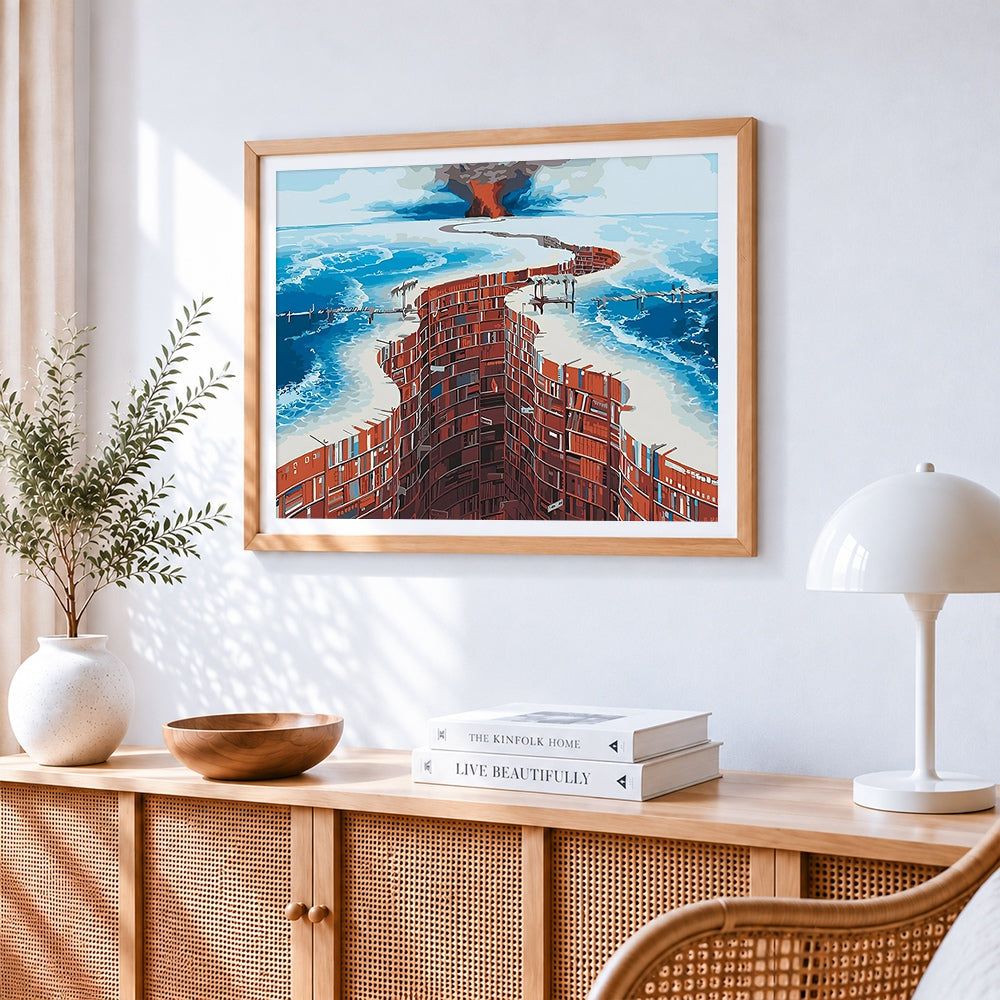 Surreal twisted red architecture cross stitch artwork displayed on wall as home decor