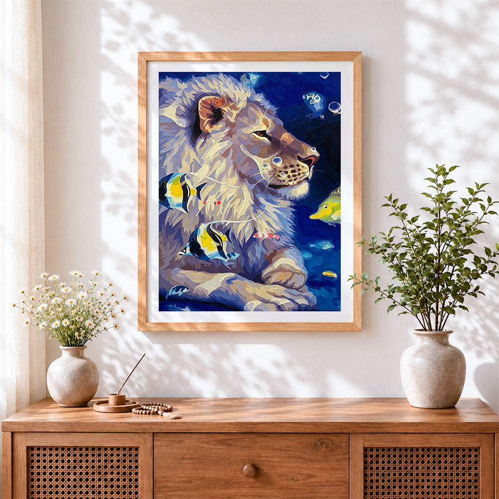 Finished surreal underwater lion and fish cross stitch artwork displayed